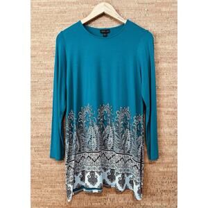 J JILL Wearever Teal Paisley Hem Rayon Long Slv Stretchy Knit Tunic Small Petite